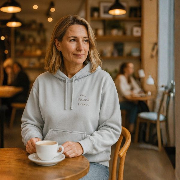 oversize hoodie love, peace & coffee